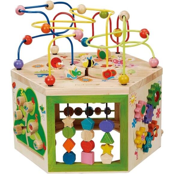Garden Activity Cube. Wood Shape & Color Sorter, Bead Maze & Counting Baby Toy - Picture 1 of 7